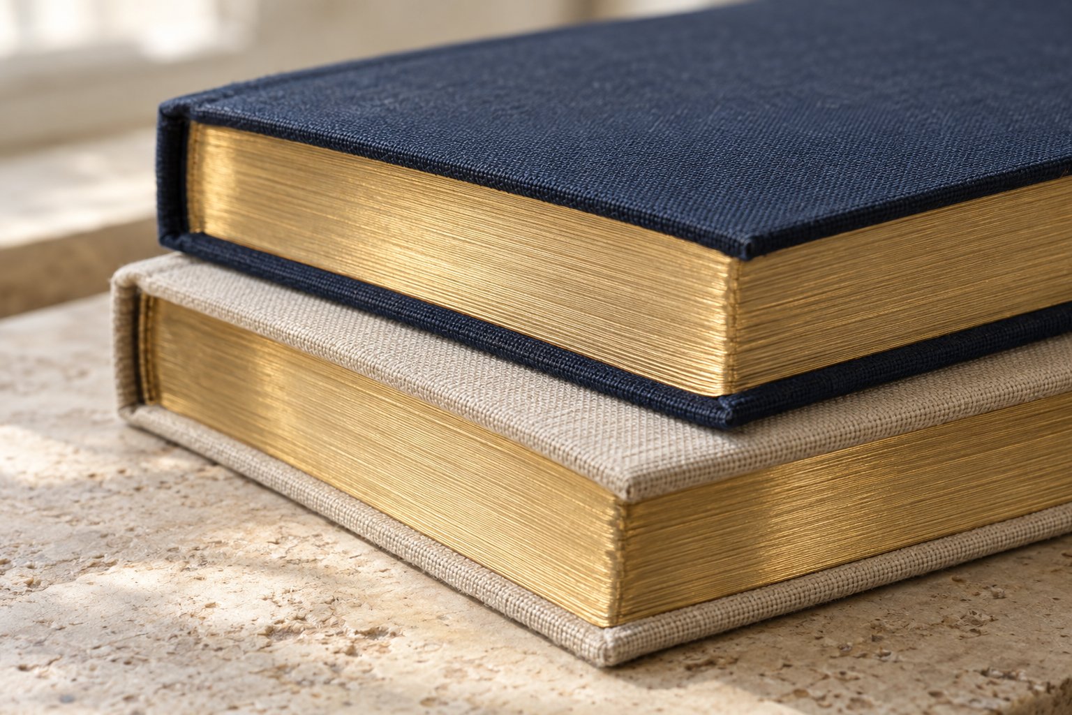 Cloth-bound books with metallic gold page edges