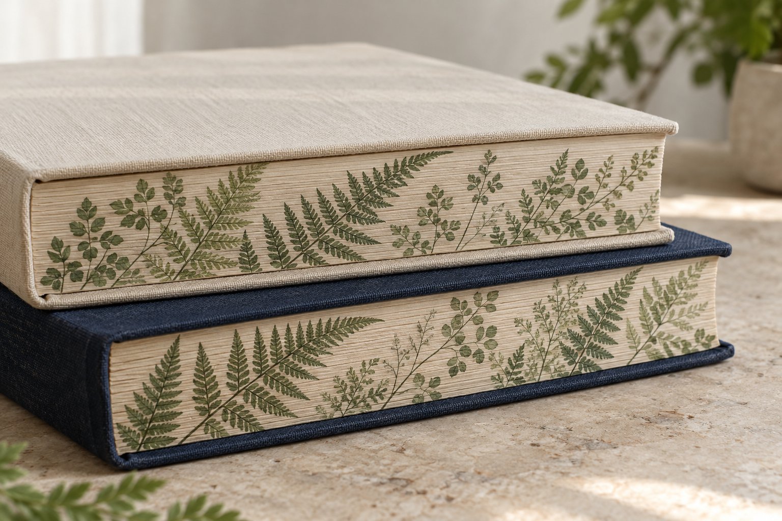 Botanical artwork printed across book page edges
