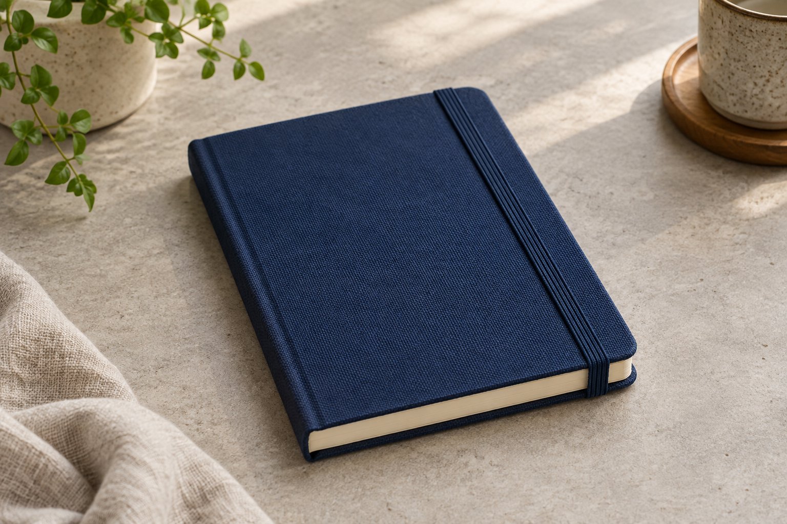 Navy cloth notebook with a woven elastic closure