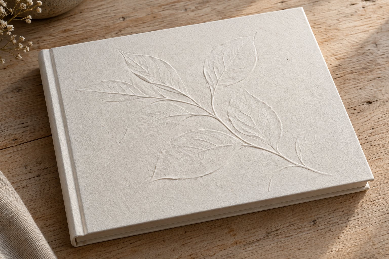 Blind embossed botanical detail in cream textured paperboard