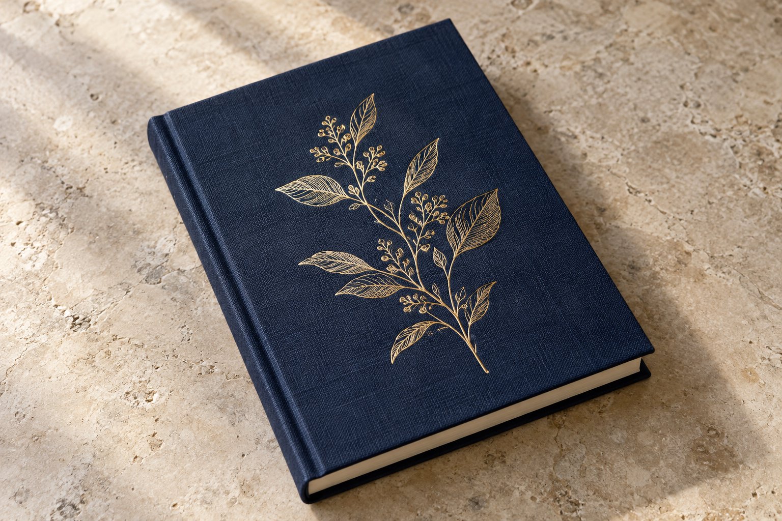 Gold botanical foil detail on a textured navy cloth book cover