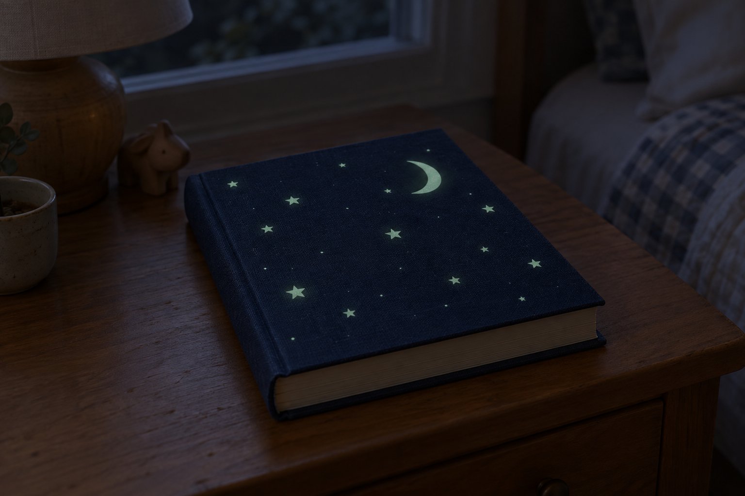 Subtle glow-in-the-dark stars and moon on a navy book cover