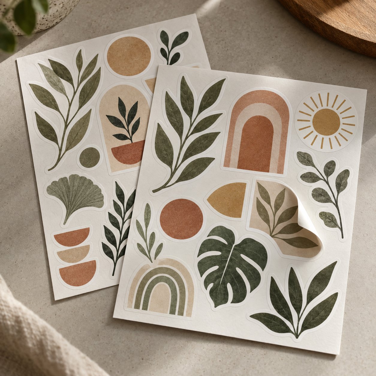 Botanical and geometric kiss-cut paper sticker sheets