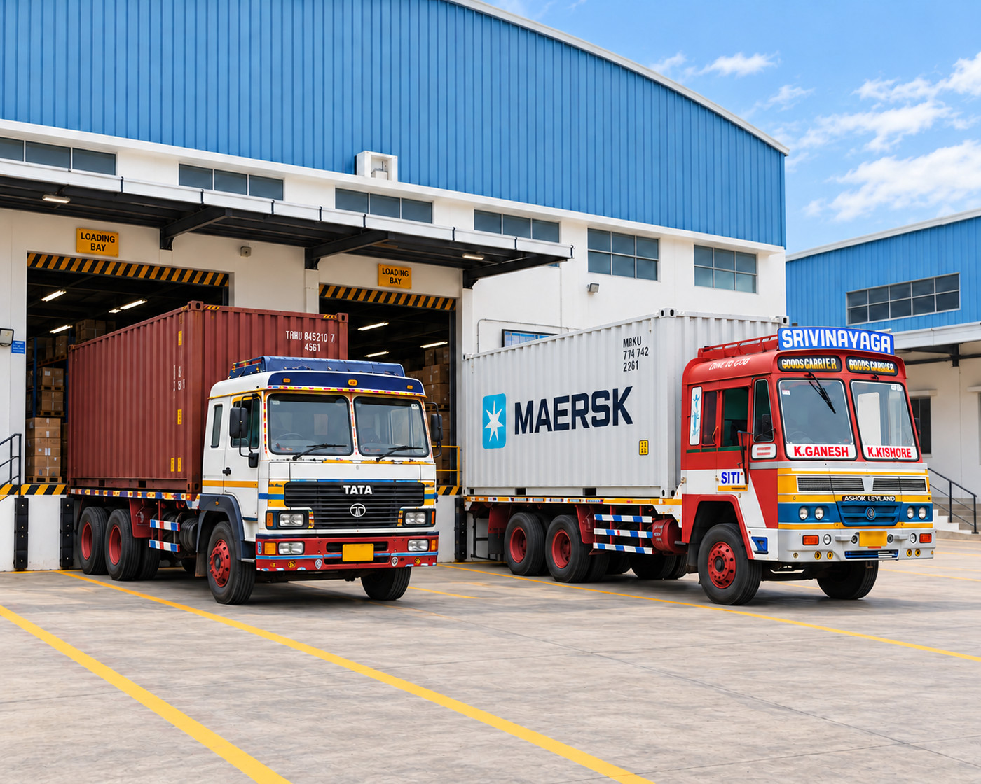 Two container trucks at open loading bays