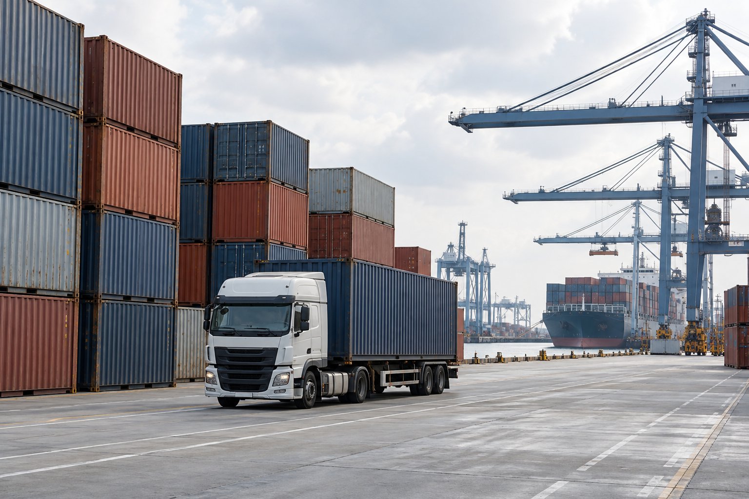 Shipping containers stacked in orderly rows at a container terminal