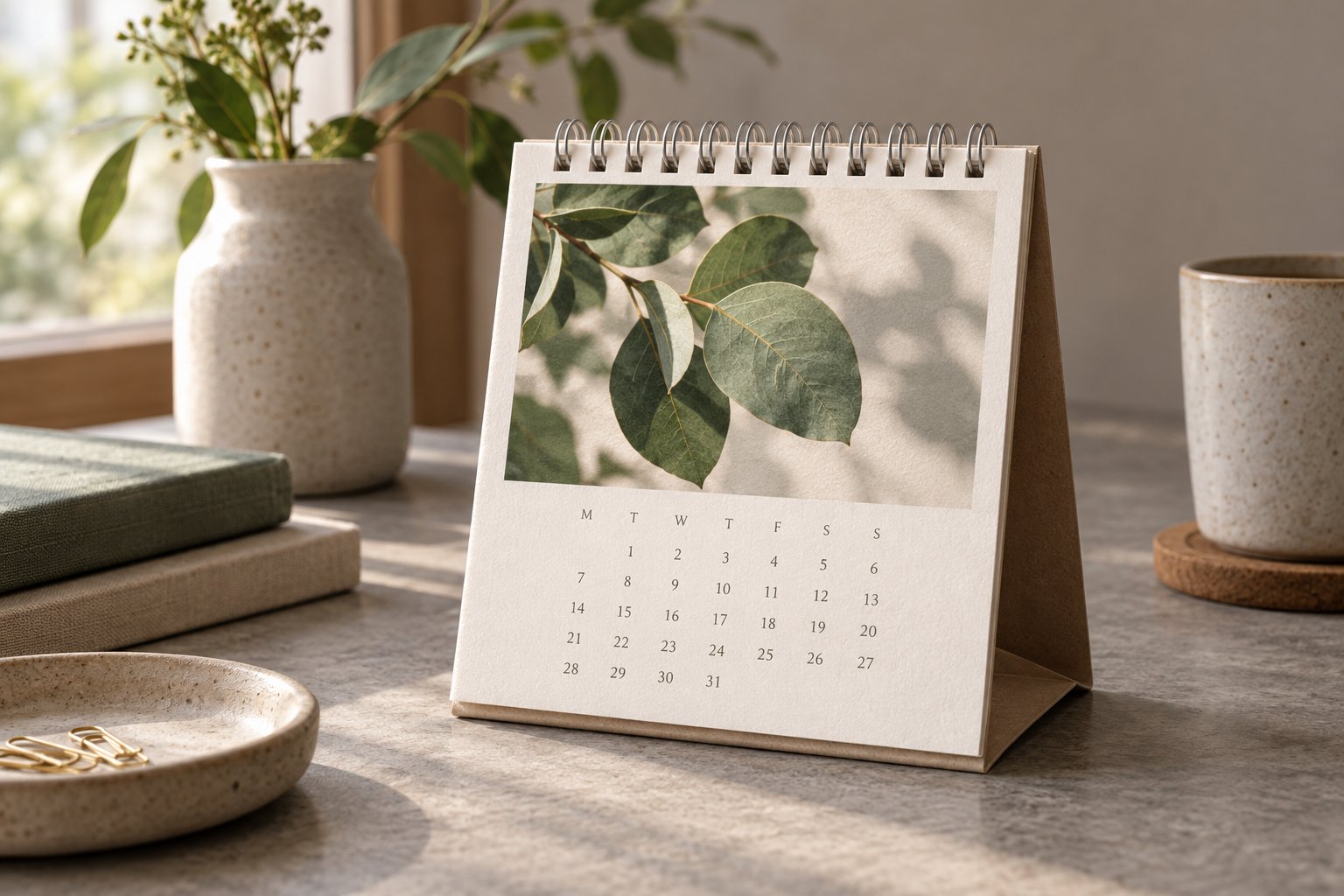 Compact square-format printed desk calendar