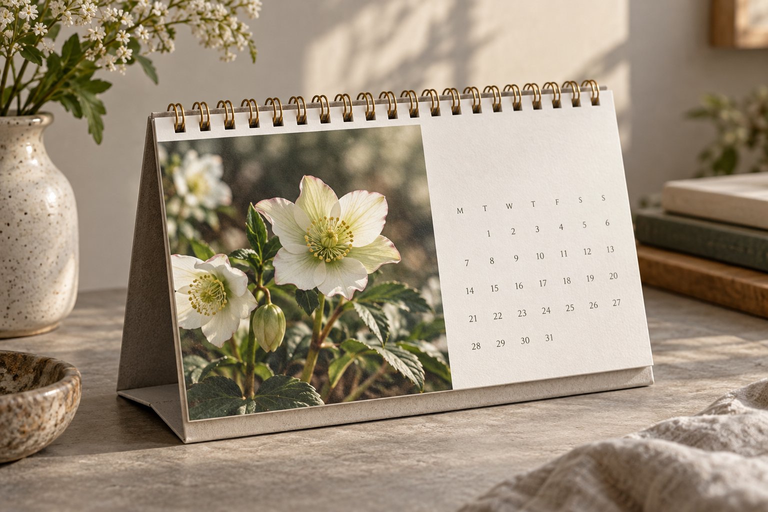 Wire-bound botanical tabletop calendar
