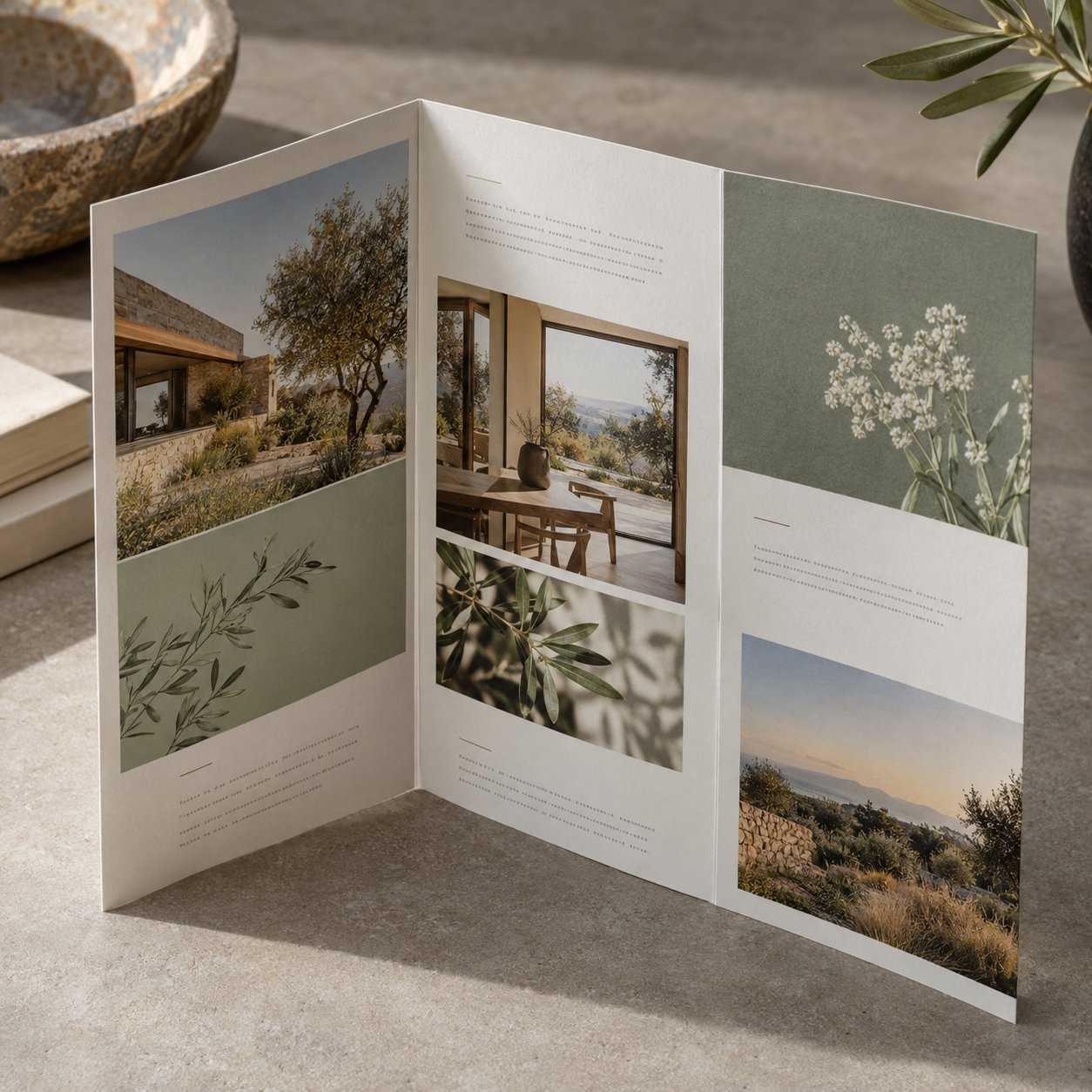 Partly unfolded printed three-panel brochure showing its folds