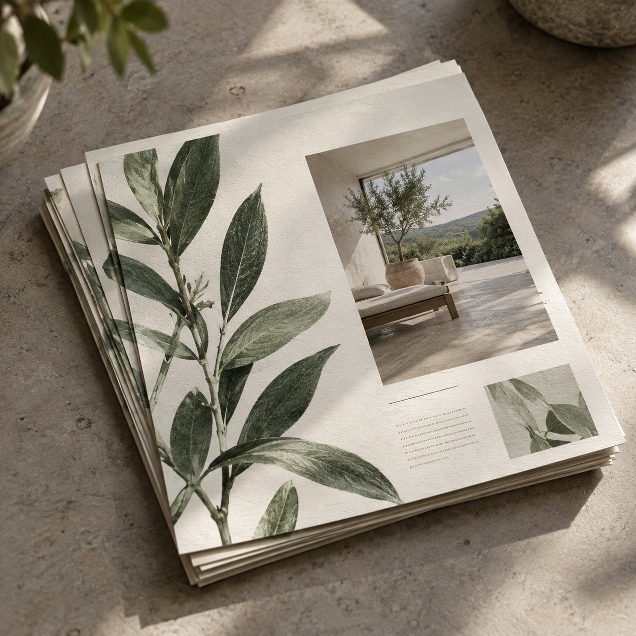 Stack of printed botanical promotional flyers