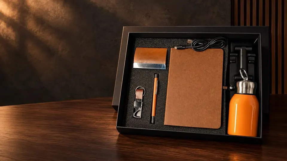 Corporate gift set with notebook, pen, bottle and keychain