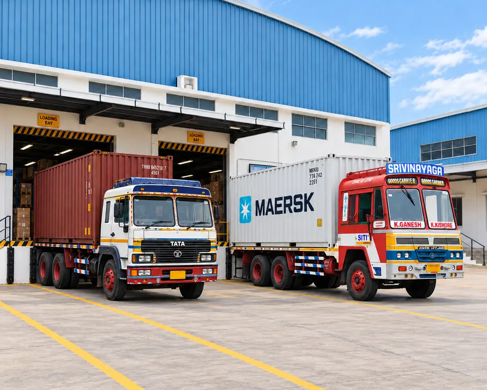 Two container trucks at open loading bays